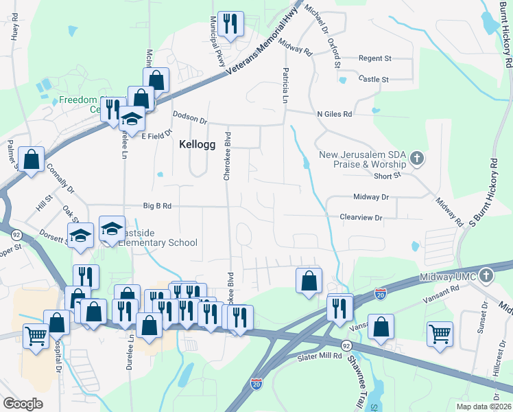 map of restaurants, bars, coffee shops, grocery stores, and more near 5527 Somervale Court in Douglasville