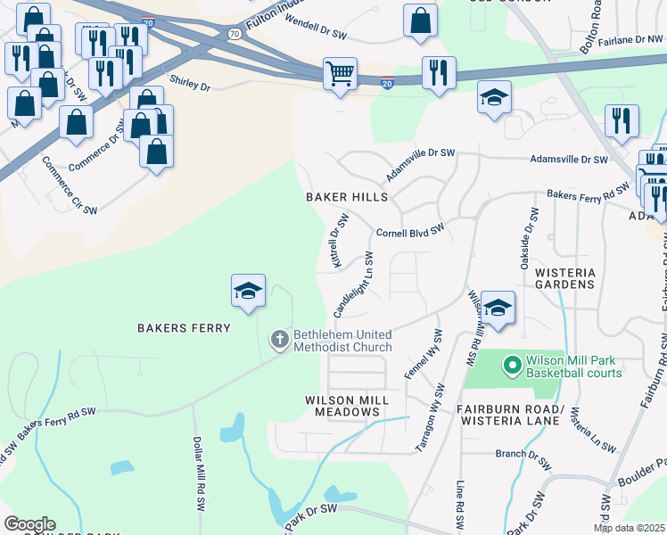 map of restaurants, bars, coffee shops, grocery stores, and more near 4105 Kenora Drive Southwest in Atlanta