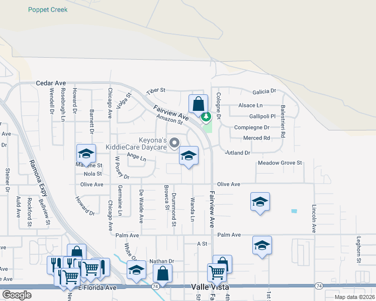 map of restaurants, bars, coffee shops, grocery stores, and more near 25085 PENANG Drive in Hemet