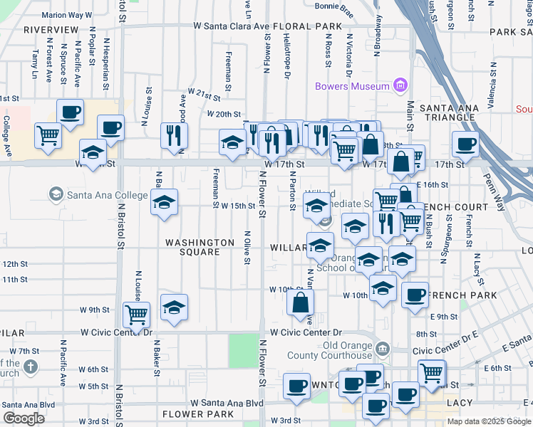 map of restaurants, bars, coffee shops, grocery stores, and more near 1419 North Flower Street in Santa Ana