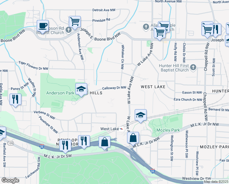 map of restaurants, bars, coffee shops, grocery stores, and more near 1828 Calloway Drive Northwest in Atlanta