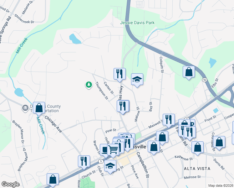 map of restaurants, bars, coffee shops, grocery stores, and more near 8155 Dallas Highway in Douglasville