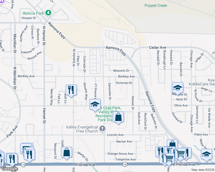 map of restaurants, bars, coffee shops, grocery stores, and more near 25067 Sansome Street in Hemet