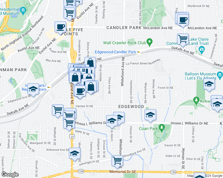 map of restaurants, bars, coffee shops, grocery stores, and more near 143 Flora Avenue Northeast in Atlanta