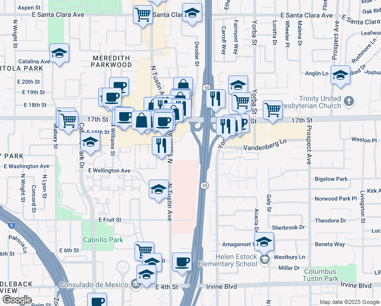 map of restaurants, bars, coffee shops, grocery stores, and more near 1403 North Tustin Avenue in Santa Ana