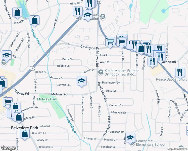 map of restaurants, bars, coffee shops, grocery stores, and more near 3444 Midway Road in Decatur