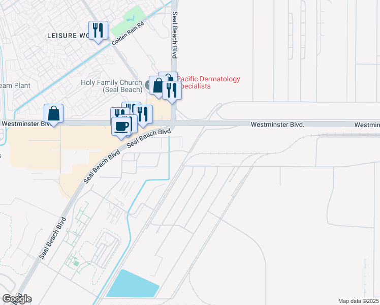map of restaurants, bars, coffee shops, grocery stores, and more near Hussey Road in Seal Beach