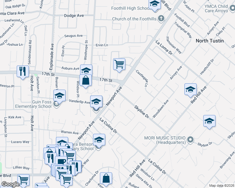 map of restaurants, bars, coffee shops, grocery stores, and more near 12252 Newport Avenue in Santa Ana