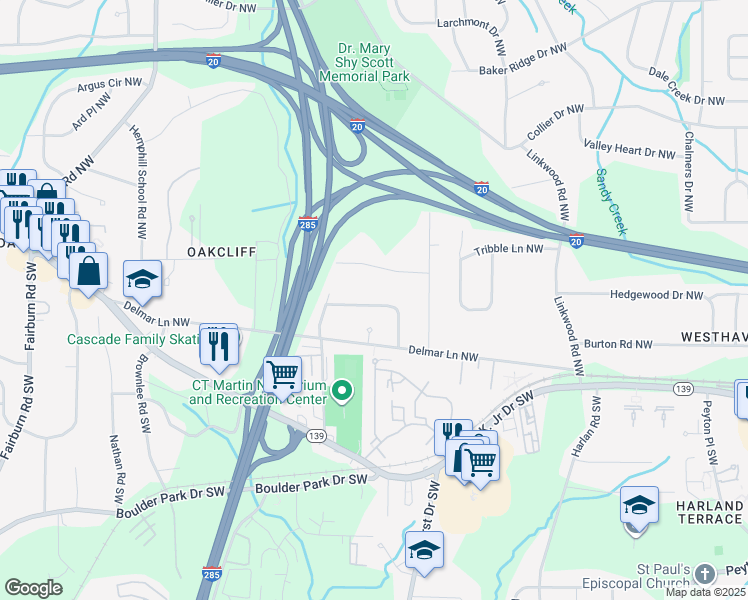 map of restaurants, bars, coffee shops, grocery stores, and more near 79 Delmoor Drive Northwest in Atlanta