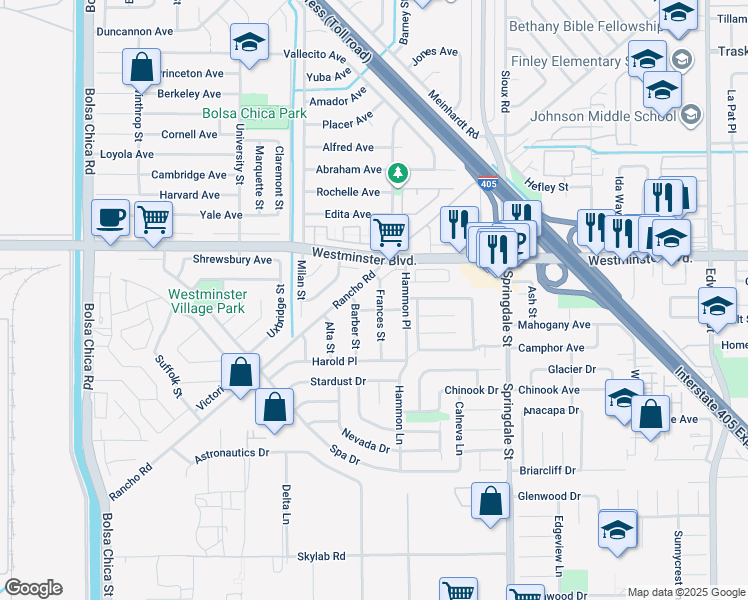 map of restaurants, bars, coffee shops, grocery stores, and more near 14095 Frances Street in Westminster