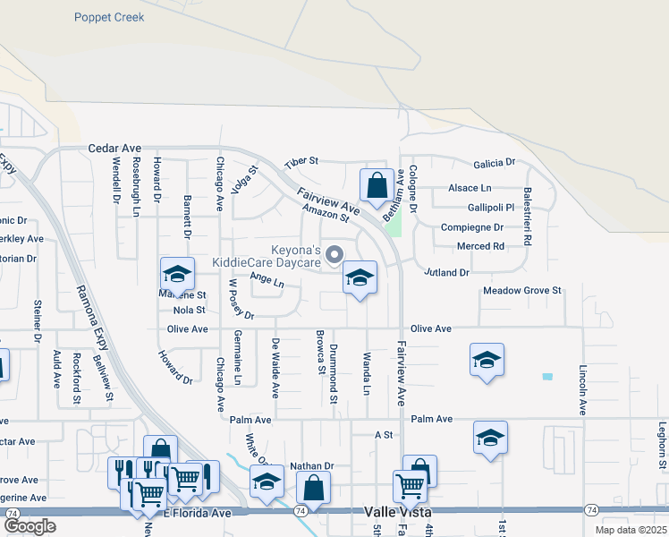 map of restaurants, bars, coffee shops, grocery stores, and more near 25083 Niagra Court in Hemet