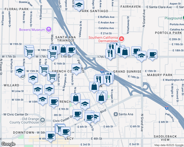 map of restaurants, bars, coffee shops, grocery stores, and more near 1430 Poinsettia Street in Santa Ana