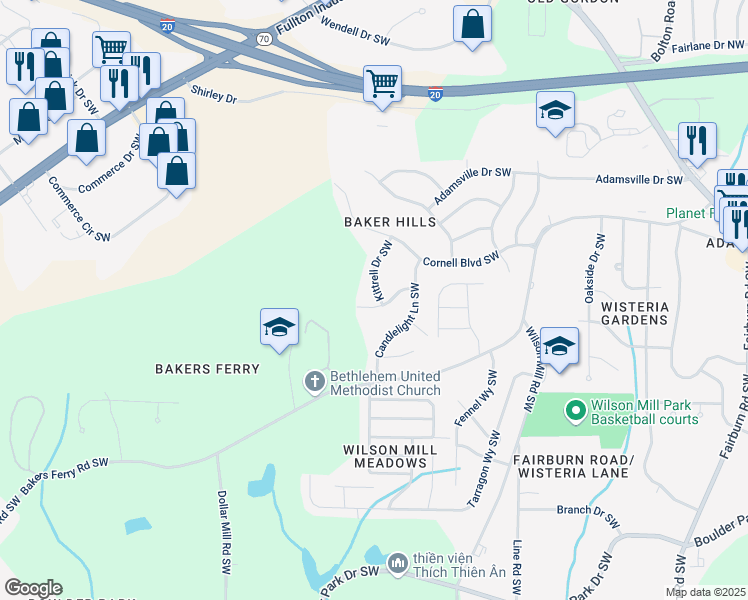 map of restaurants, bars, coffee shops, grocery stores, and more near 4085 Kenora Drive Southwest in Atlanta