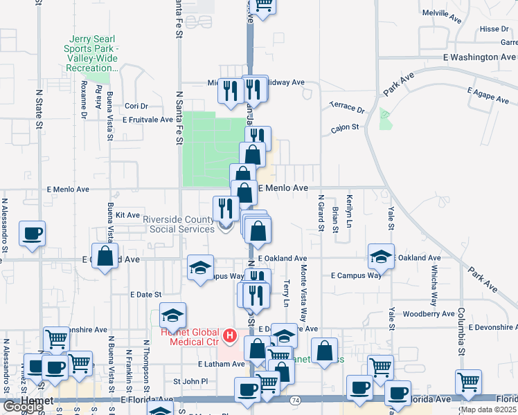 map of restaurants, bars, coffee shops, grocery stores, and more near 650 North San Jacinto Street in Hemet