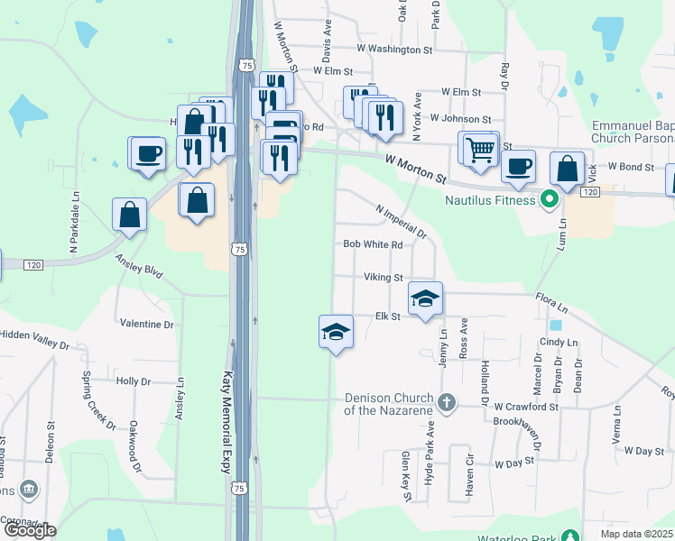 map of restaurants, bars, coffee shops, grocery stores, and more near 101 North Lynn Avenue in Denison