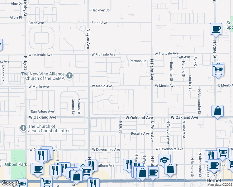 map of restaurants, bars, coffee shops, grocery stores, and more near 1400 Camino Real Circle in Hemet