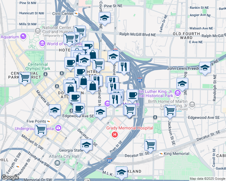 map of restaurants, bars, coffee shops, grocery stores, and more near 120 Piedmont Avenue Northeast in Atlanta