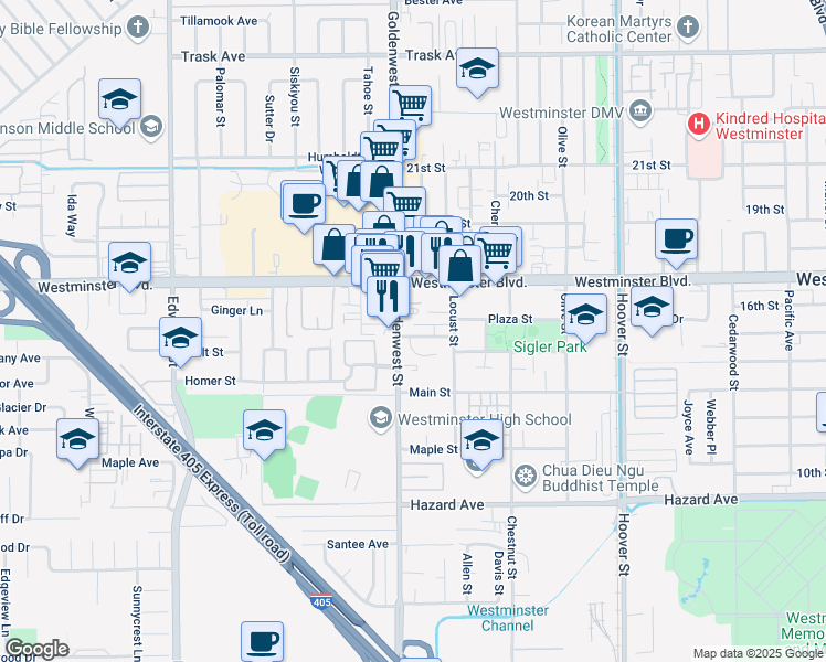 map of restaurants, bars, coffee shops, grocery stores, and more near 7030 Brentwood Lane in Westminster