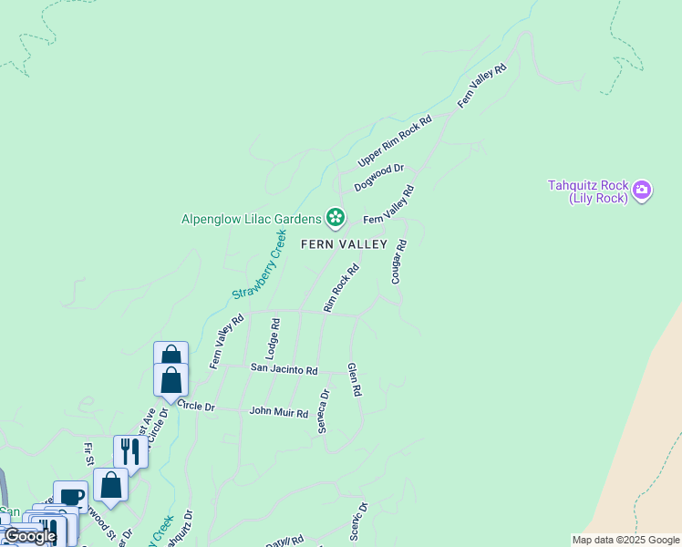 map of restaurants, bars, coffee shops, grocery stores, and more near 25095 Rim Rock Road in Idyllwild-Pine Cove