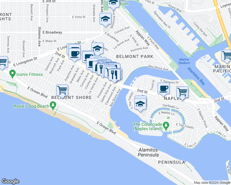 map of restaurants, bars, coffee shops, grocery stores, and more near 169 Bay Shore Avenue in Long Beach
