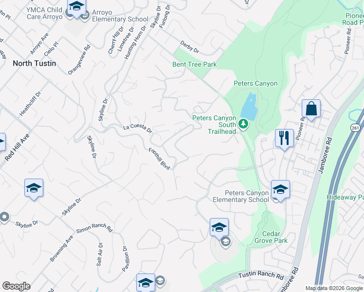 map of restaurants, bars, coffee shops, grocery stores, and more near 2185 East Lemon Heights Drive in Santa Ana