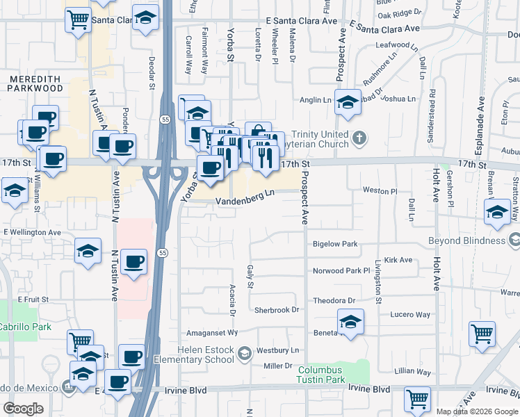 map of restaurants, bars, coffee shops, grocery stores, and more near 17542 Vandenberg Lane in Tustin
