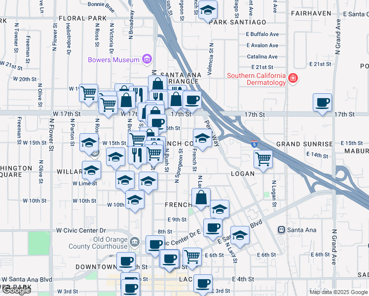 map of restaurants, bars, coffee shops, grocery stores, and more near 1424 North Spurgeon Street in Santa Ana