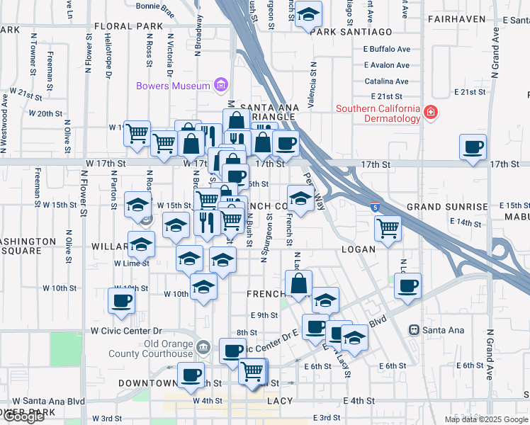 map of restaurants, bars, coffee shops, grocery stores, and more near 1424 North Spurgeon Street in Santa Ana