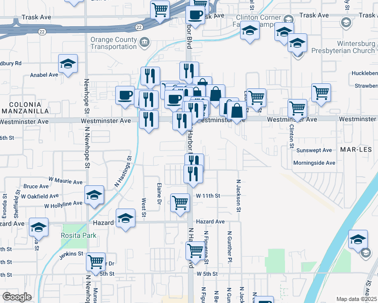 map of restaurants, bars, coffee shops, grocery stores, and more near 1416 North Harbor Boulevard in Santa Ana
