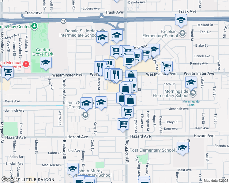 map of restaurants, bars, coffee shops, grocery stores, and more near 9861 Reading Avenue in Garden Grove