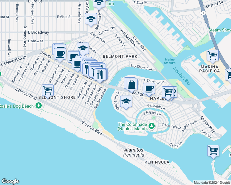 map of restaurants, bars, coffee shops, grocery stores, and more near 5430 East The Toledo in Long Beach