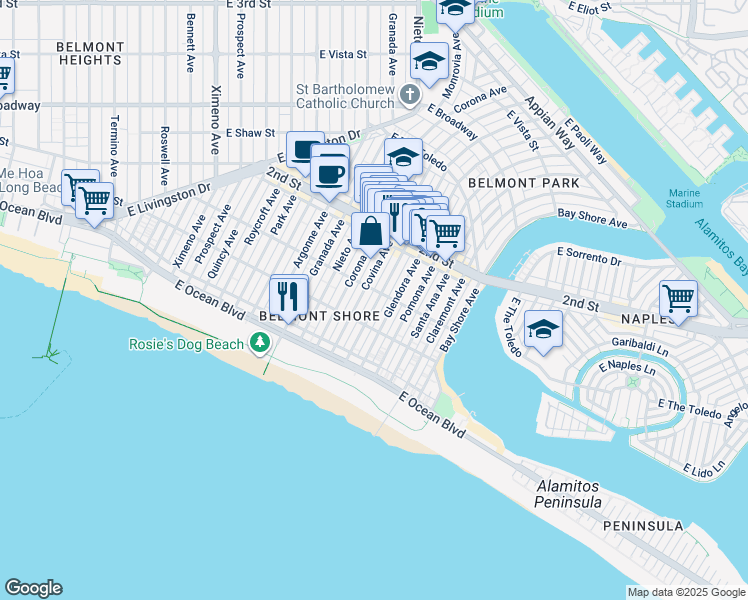 map of restaurants, bars, coffee shops, grocery stores, and more near 117 Covina Avenue in Long Beach