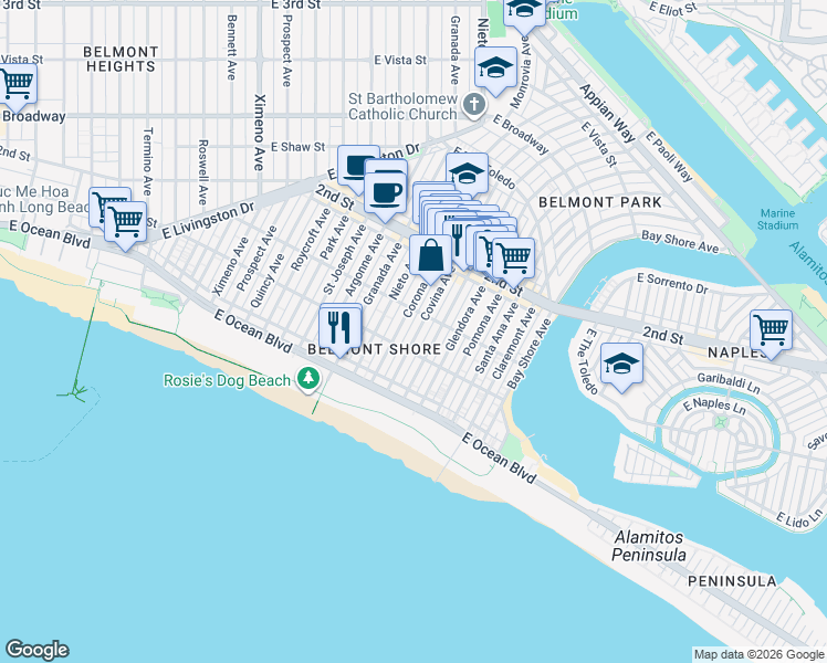 map of restaurants, bars, coffee shops, grocery stores, and more near 117 Covina Avenue in Long Beach