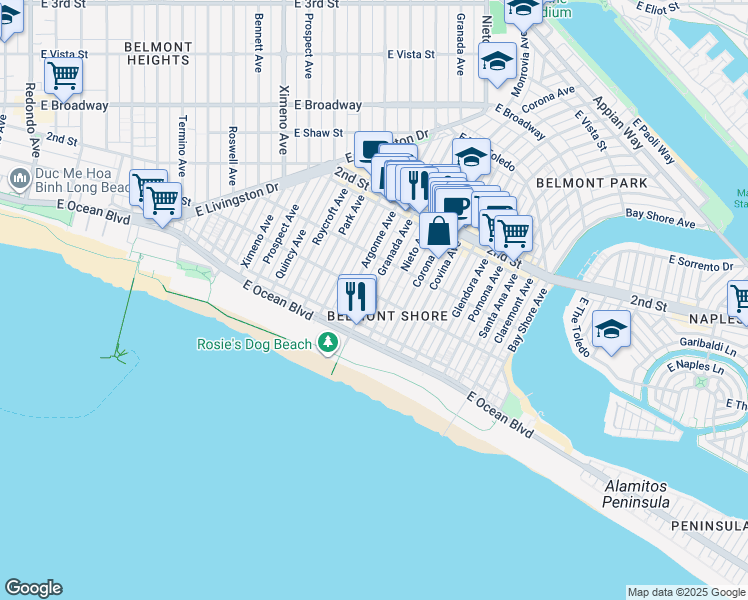 map of restaurants, bars, coffee shops, grocery stores, and more near in Long Beach