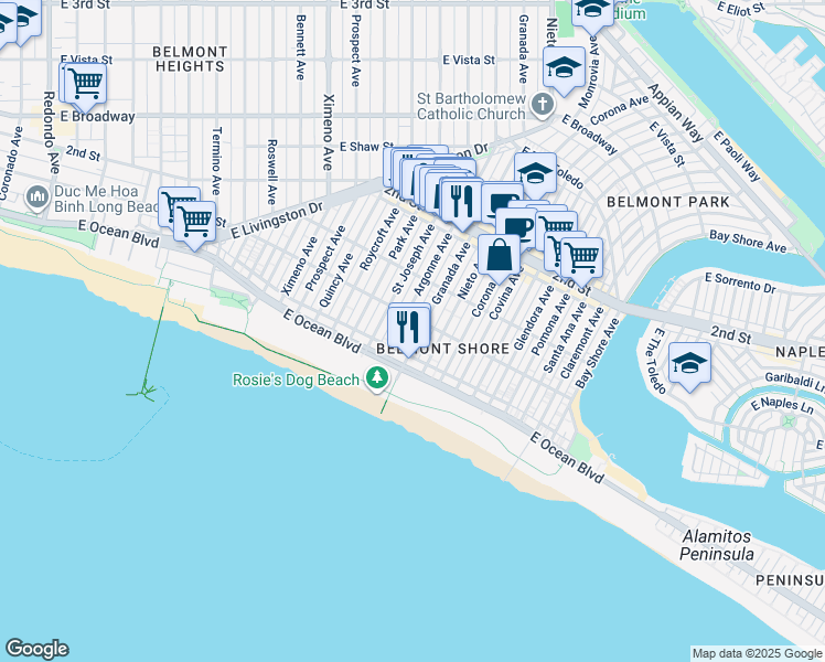 map of restaurants, bars, coffee shops, grocery stores, and more near 60 Argonne Avenue in Long Beach