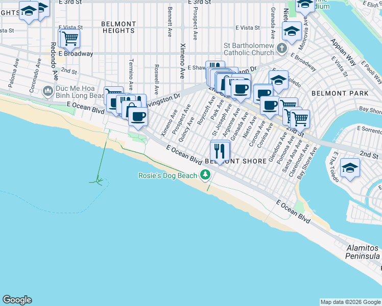 map of restaurants, bars, coffee shops, grocery stores, and more near 4623 East Ocean Boulevard in Long Beach
