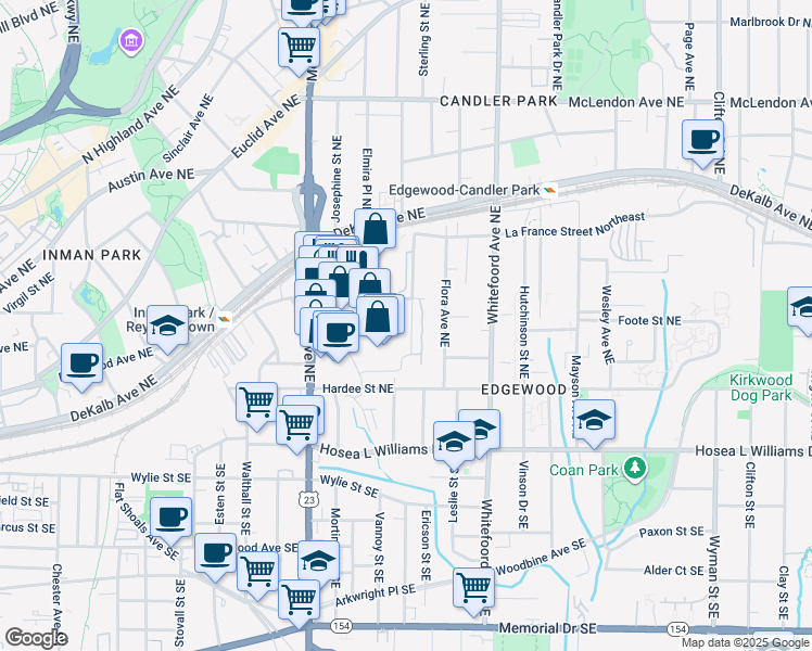 map of restaurants, bars, coffee shops, grocery stores, and more near 1281 Marion Place Northeast in Atlanta