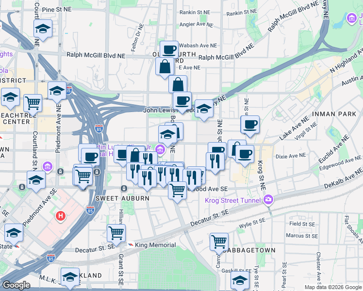 map of restaurants, bars, coffee shops, grocery stores, and more near 112 Boulevard Northeast in Atlanta