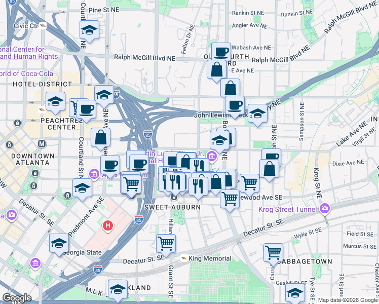 map of restaurants, bars, coffee shops, grocery stores, and more near 379 Irwin Street Northeast in Atlanta