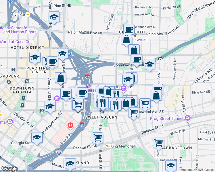 map of restaurants, bars, coffee shops, grocery stores, and more near 383 Irwin Street Northeast in Atlanta