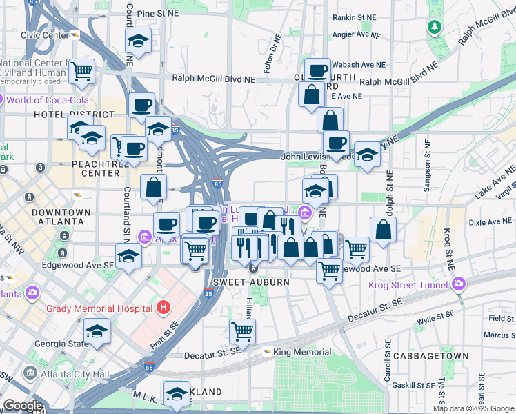 map of restaurants, bars, coffee shops, grocery stores, and more near 341 Irwin Street Northeast in Atlanta