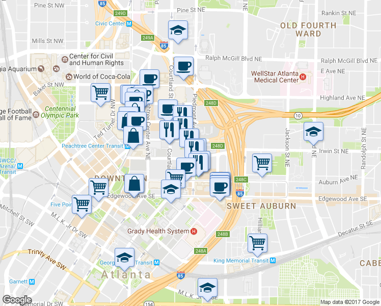 map of restaurants, bars, coffee shops, grocery stores, and more near 125 John Wesley Dobbs Avenue Northeast in Atlanta