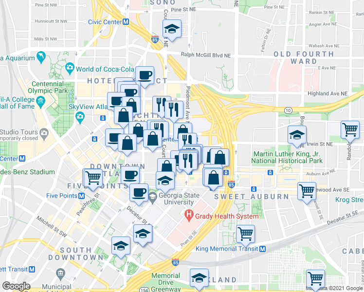 map of restaurants, bars, coffee shops, grocery stores, and more near 110 Piedmont Avenue Northeast in Atlanta