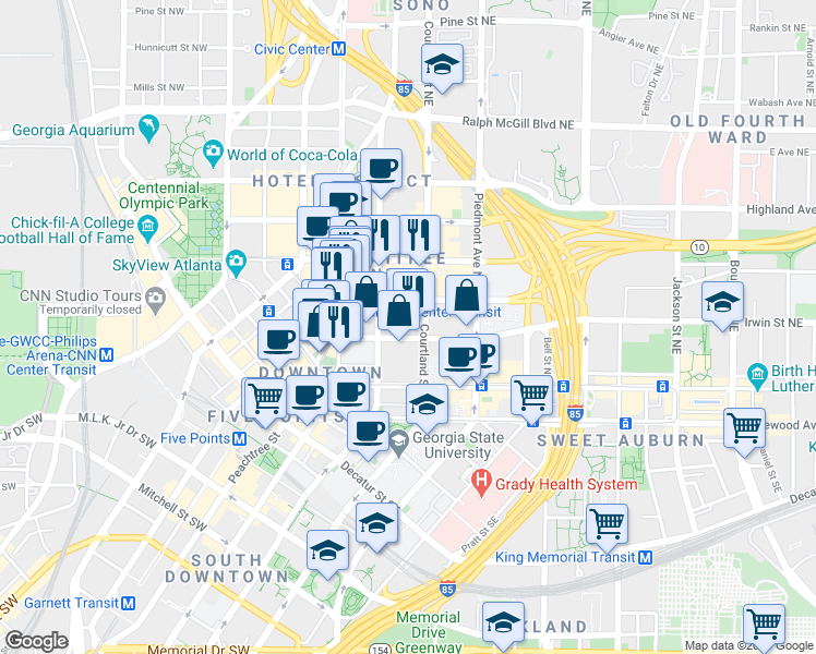 map of restaurants, bars, coffee shops, grocery stores, and more near in Atlanta