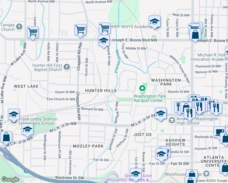 map of restaurants, bars, coffee shops, grocery stores, and more near 81 Burbank Drive Northwest in Atlanta