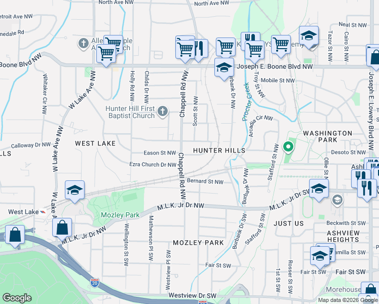 map of restaurants, bars, coffee shops, grocery stores, and more near 99 Chappell Road Northwest in Atlanta