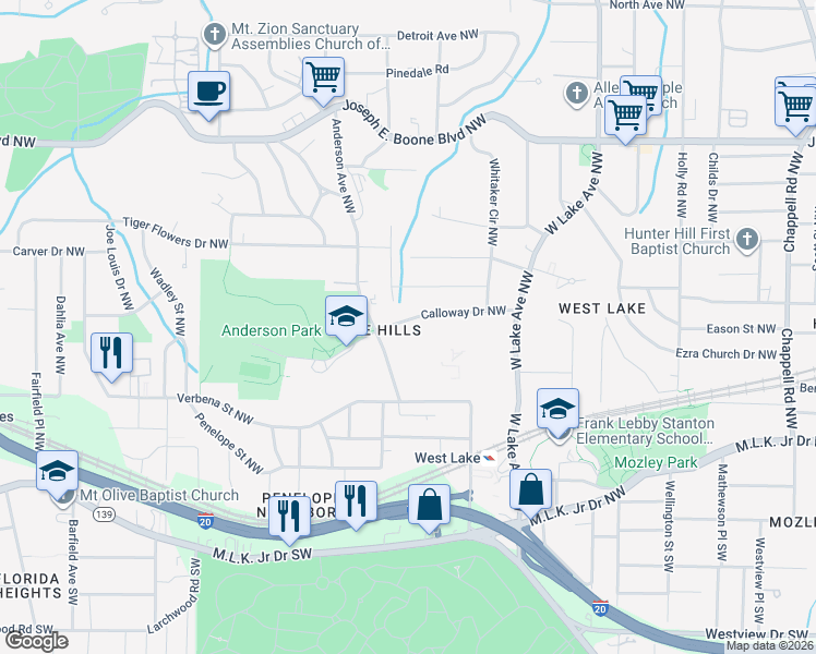 map of restaurants, bars, coffee shops, grocery stores, and more near 1884 Calloway Drive Northwest in Atlanta