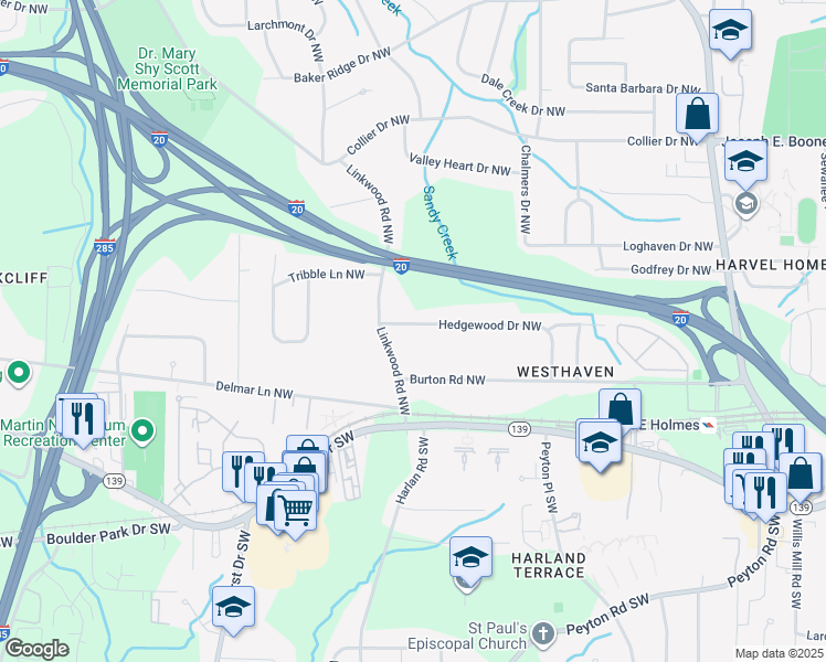 map of restaurants, bars, coffee shops, grocery stores, and more near 2866 Hedgewood Drive Northwest in Atlanta