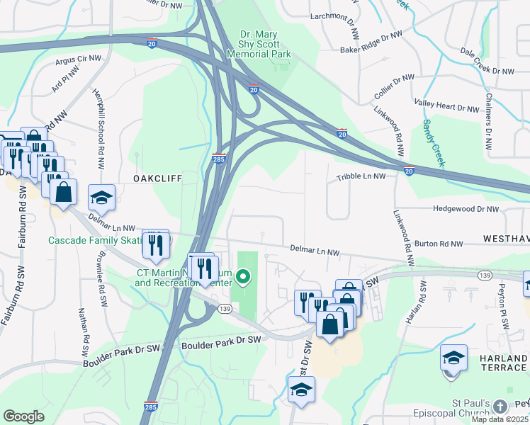 map of restaurants, bars, coffee shops, grocery stores, and more near 79 Delmoor Drive Northwest in Atlanta