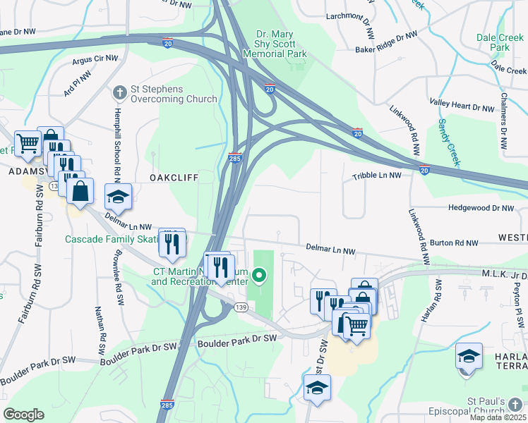 map of restaurants, bars, coffee shops, grocery stores, and more near 115 Delmoor Drive Northwest in Atlanta